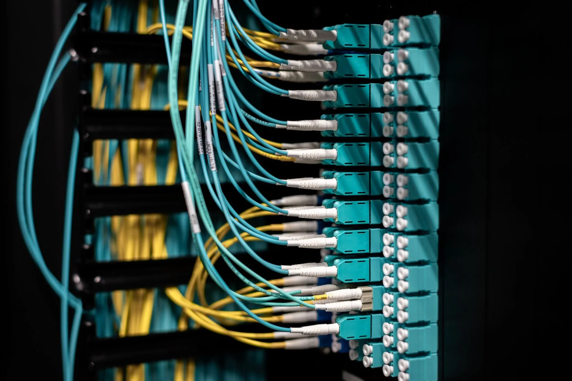 Turquoise fibre cables plugged into a patch panel in a dark rack